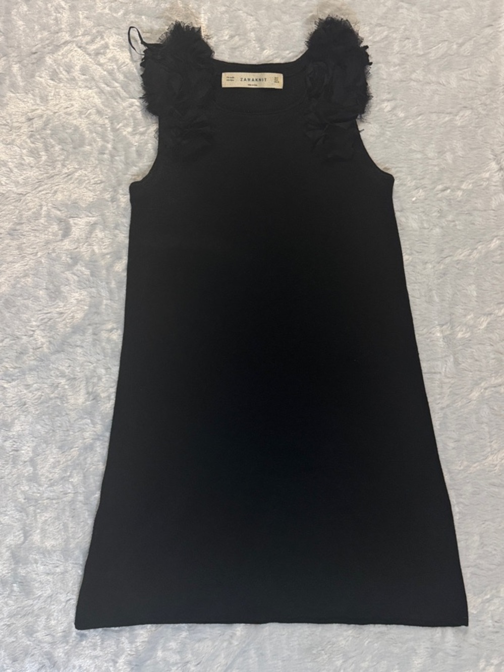 ZARA Black Sleeveless Midi Dress with Floral-Trim Shoulders